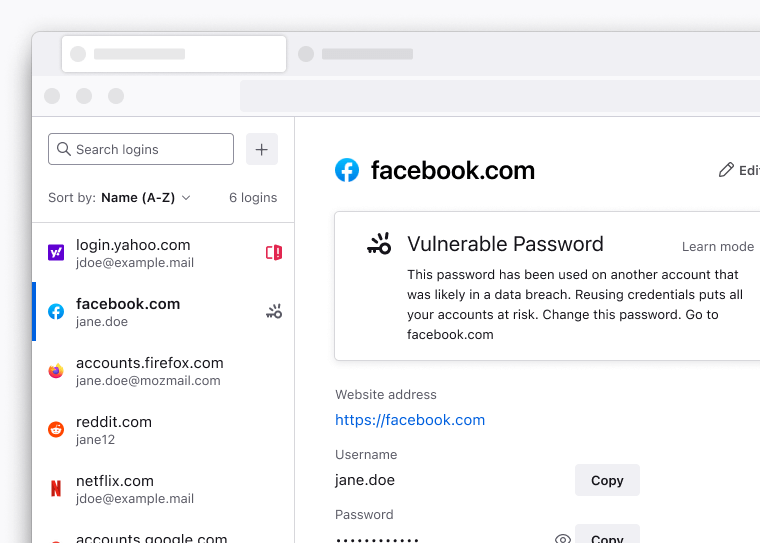 Firefox password security alerts