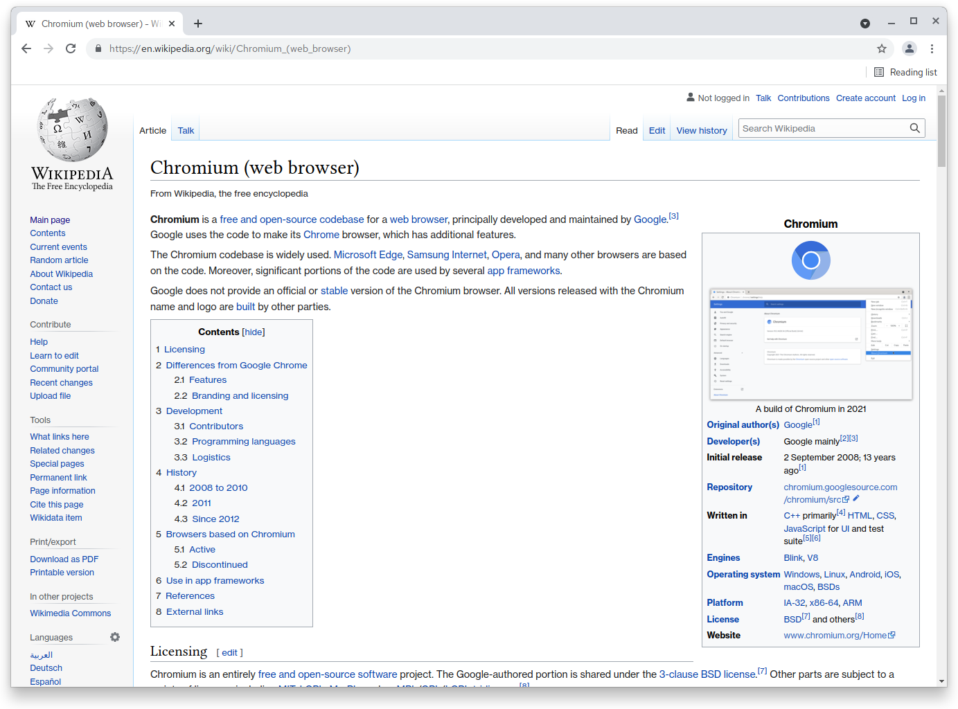 Chromium showing Wikipedia