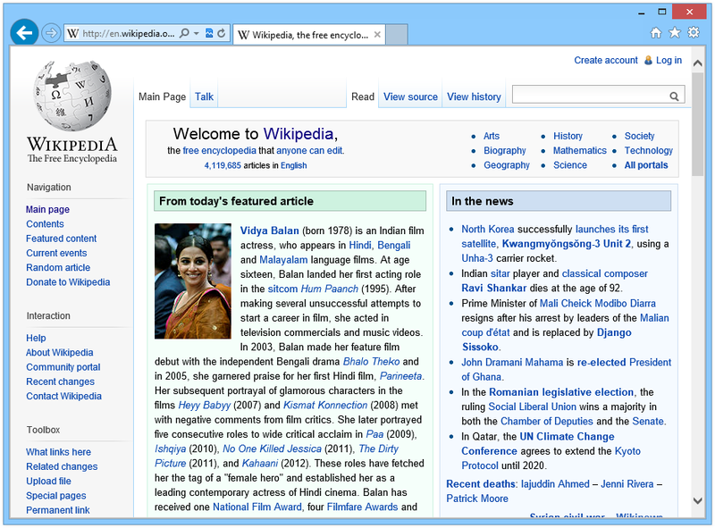 Internet Explorer 10 showing Wikipedia